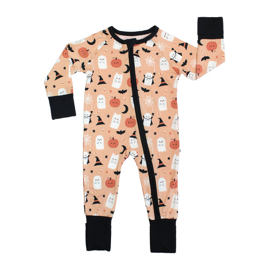Boo-Tastic glow-in-the-dark Halloween bamboo convertible baby pajamas with double zipper, featuring cute ghost, pumpkin, bat, and witch hat print.