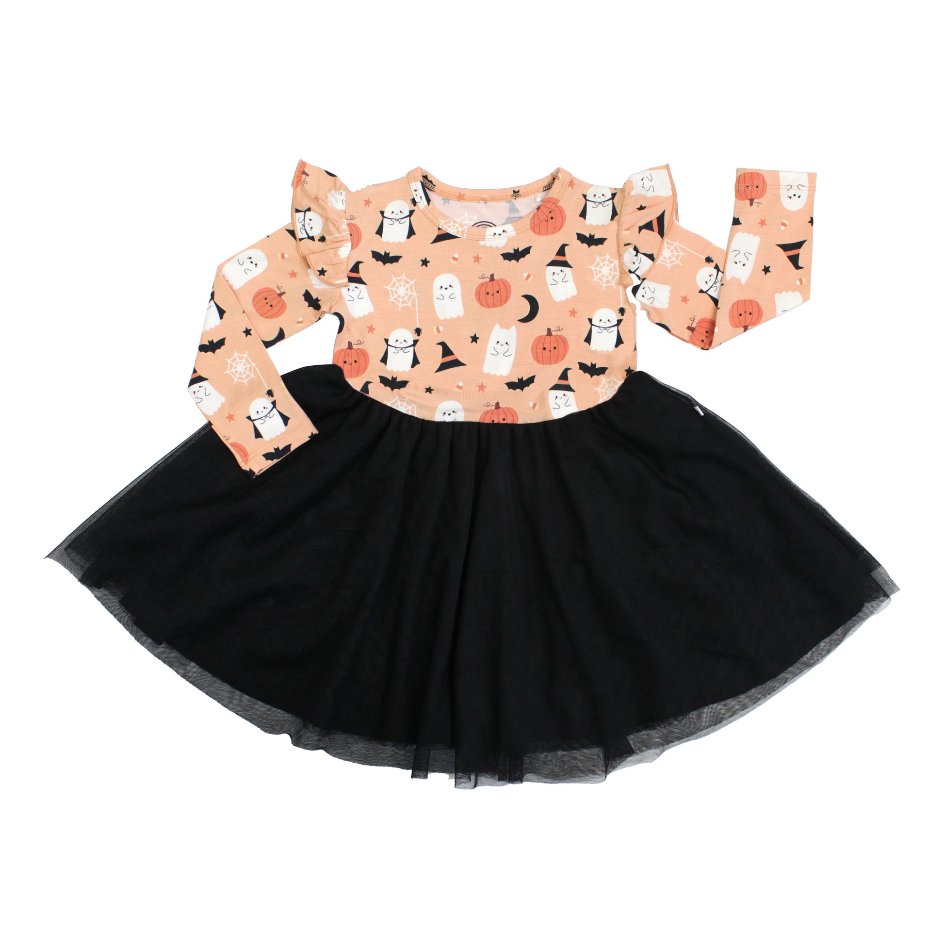 Flat lay of Boo-Tastic Halloween bamboo twirl dress with black tulle skirt and ghost pumpkin print.