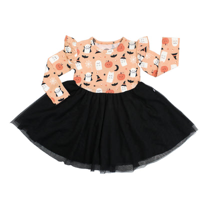 Flat lay of Boo-Tastic Halloween bamboo twirl dress with black tulle skirt and ghost pumpkin print.