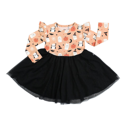 Flat lay of Boo-Tastic Halloween bamboo twirl dress with black tulle skirt and ghost pumpkin print.