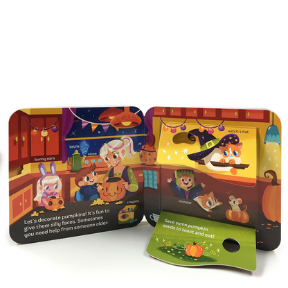 halloween book opened to a middle page with pull down interactive flaps
