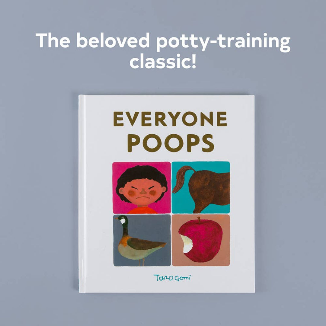 Book titled 'Everyone Poops' by Taro Gomi on a gray background