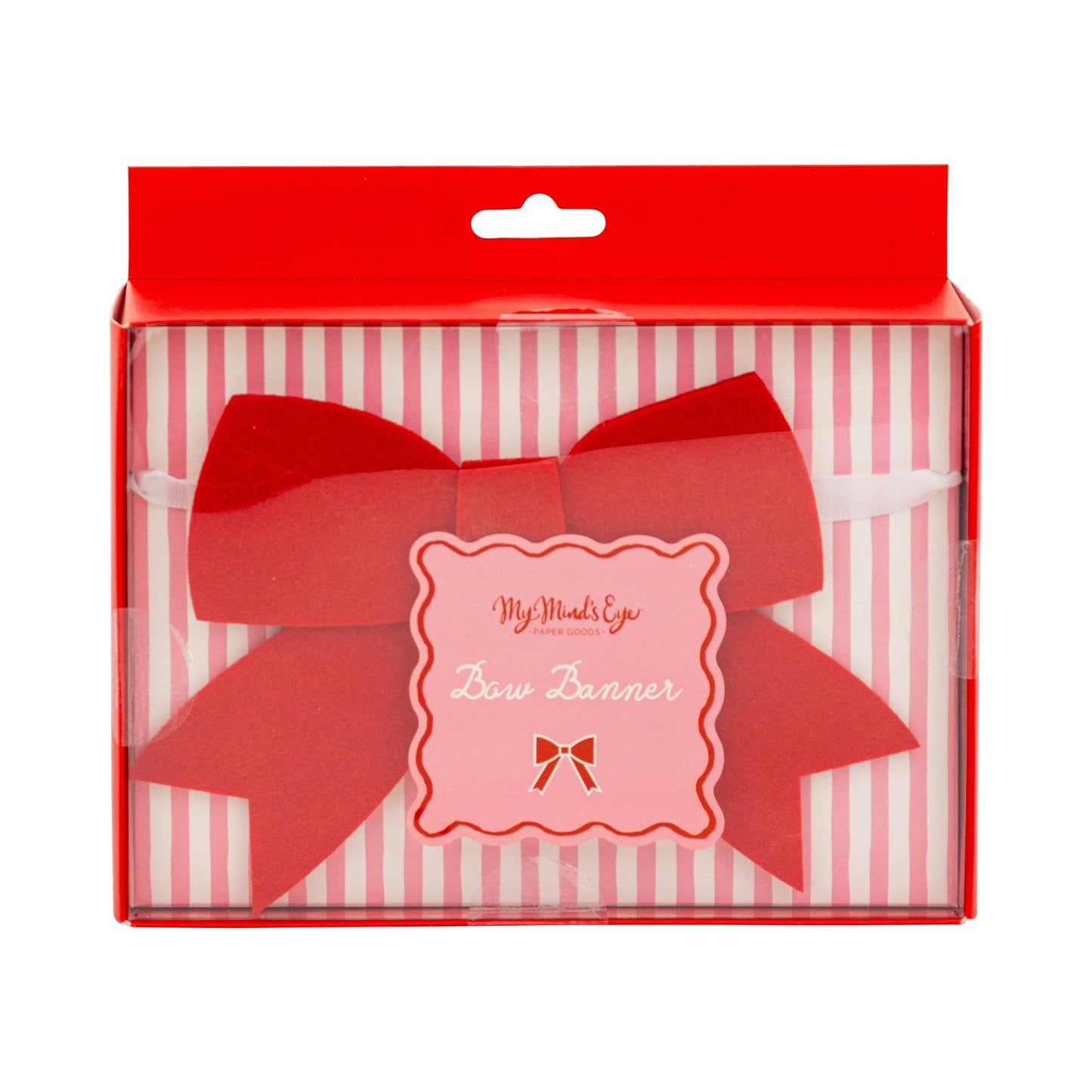 Red bow banner in a striped box with 'My Mind's Eye' branding on a white background