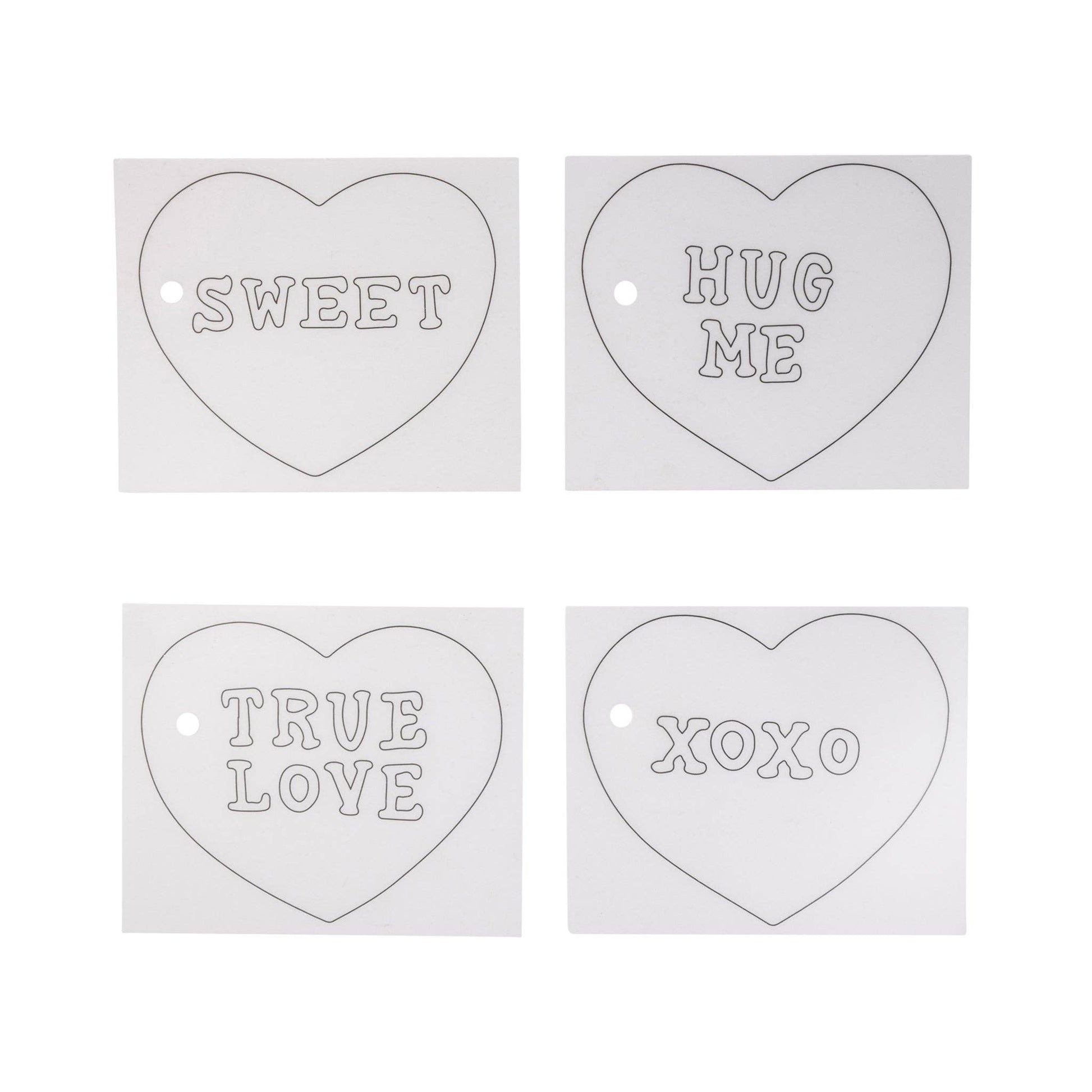 Four heart-shaped tags with text 'SWEET', 'HUG ME', 'TRUE LOVE', and 'XOXO' on a white background.