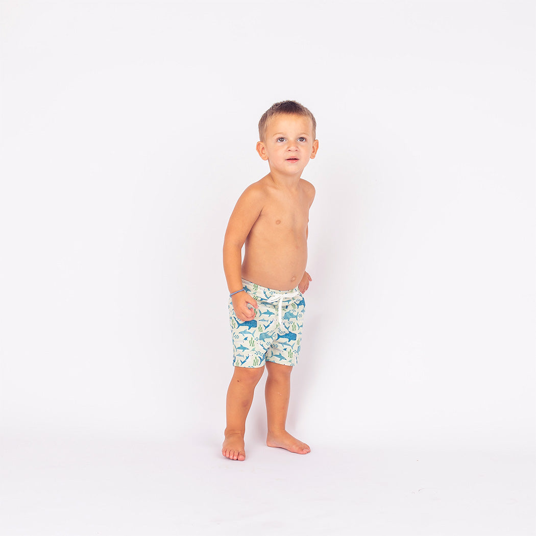 Little boy standing in our Shark Friends Boys Swim Trunks.