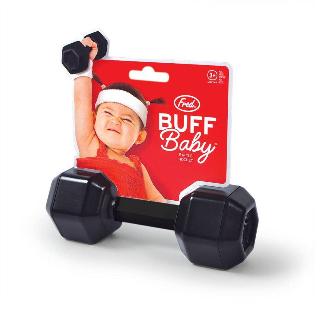 Mini black baby dumbbell rattle for babies in red packaging with a baby on the front pretending to lift weights