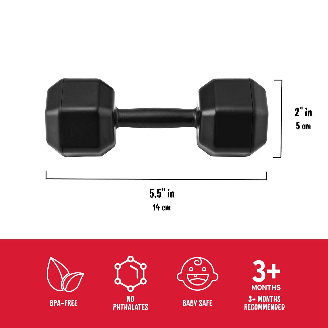 mine back baby dumbbell shaped rattle with dimensions shown of 5.5in by 2in