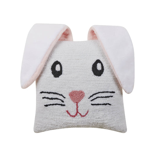 white bunny pillow that is square with floppy bunny ears that hang over the front