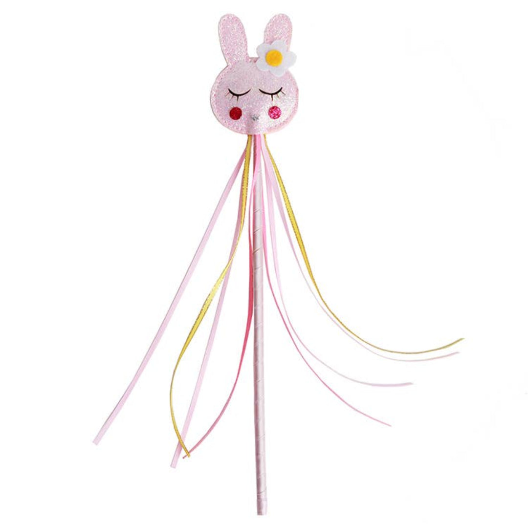 glittery bunny wand in pink and yellow with streamers