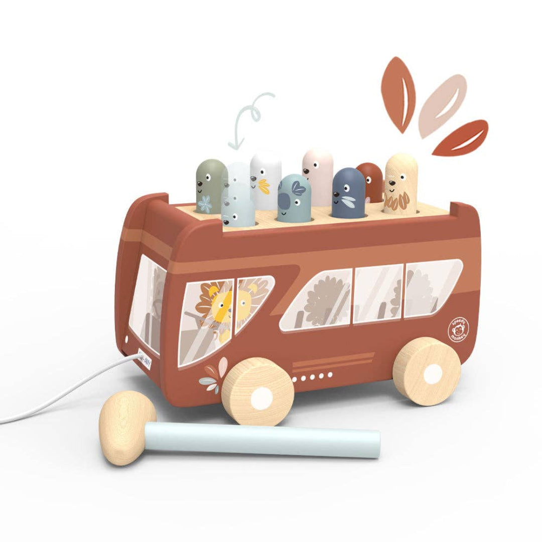 wooden bus top with 8 little characters that pop up and you use a little mallet to tap them down