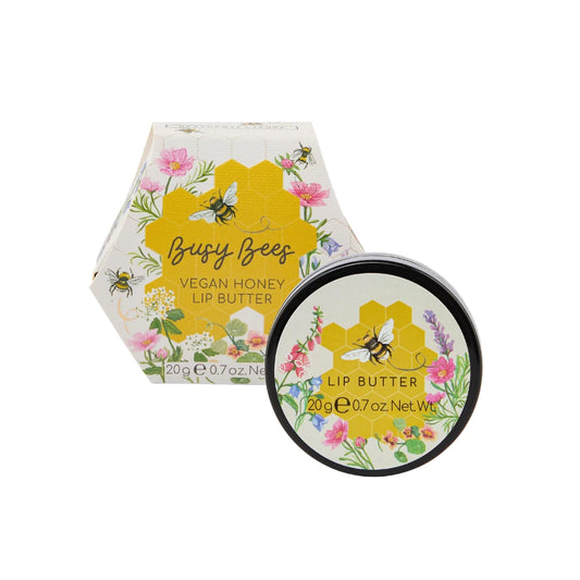 Multi-colored lip butter and package with bees and flowers