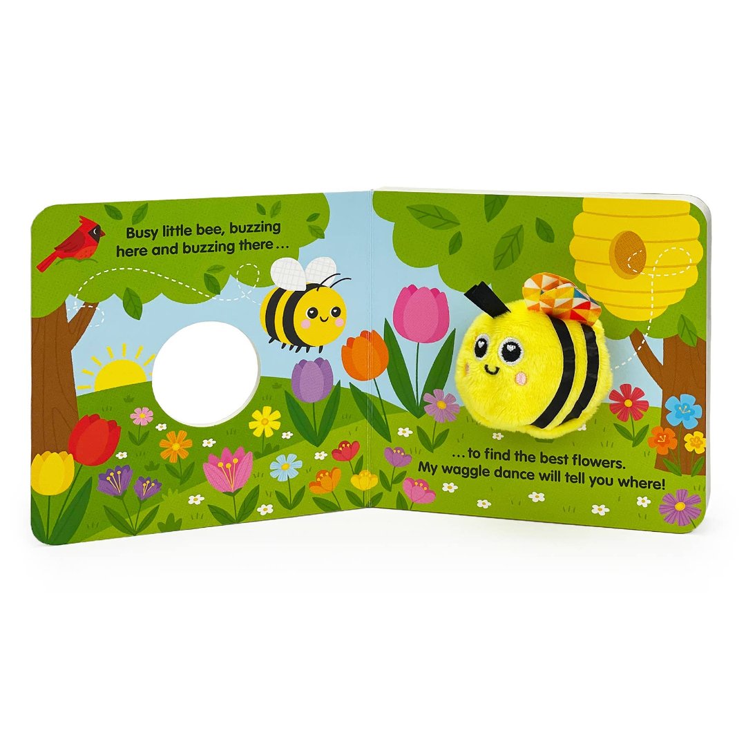 busy buzzy bee board book with a bumblebee finger puppet in the middle