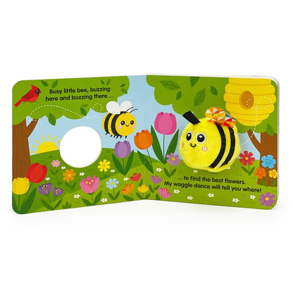 busy buzzy bee board book with a bumblebee finger puppet in the middle
