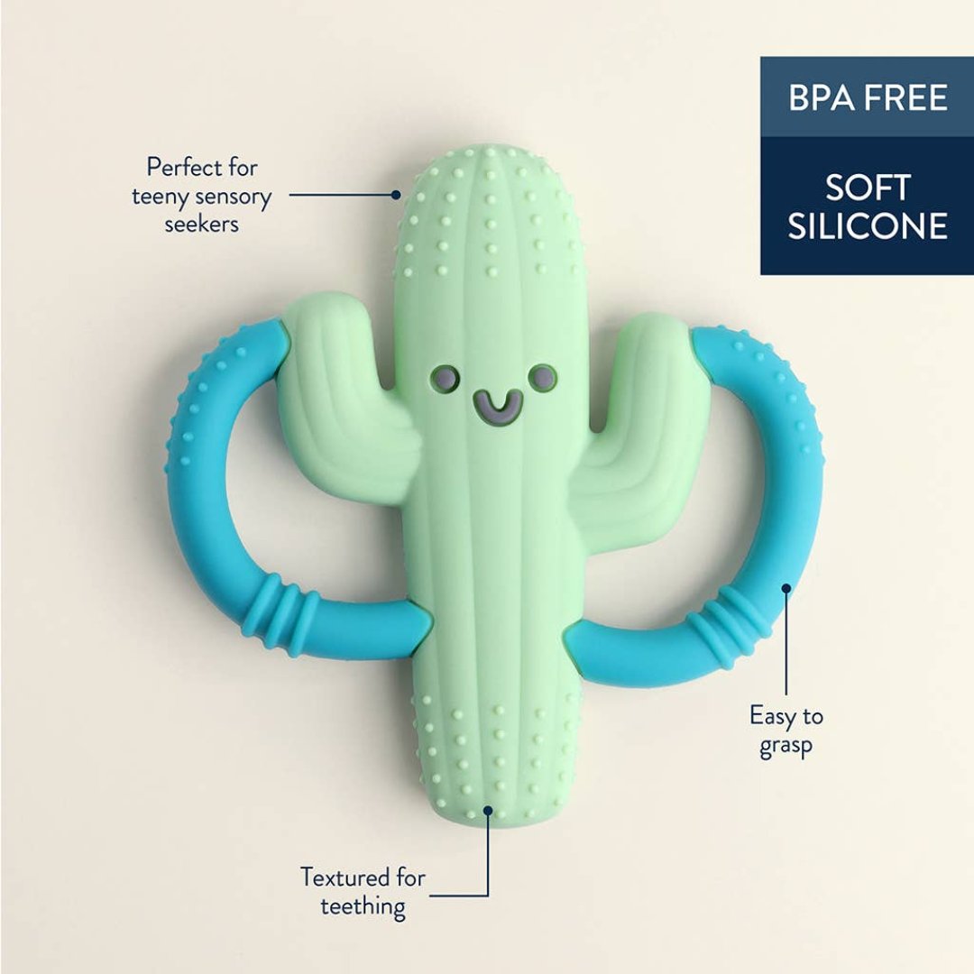 green cactus baby toy teether with blue handles on each side