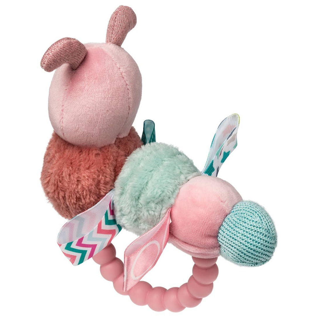 pink and blue baby teether thats shaped like a caterpillar and has taggies on the side