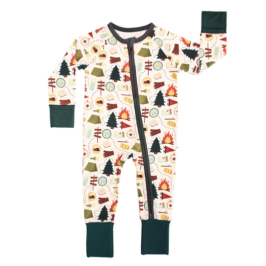 Emerson and Friends Camp Emerson Bamboo Convertible Baby Pajamas, featuring a fun camping-themed print with tents, campfires, trees, and s’mores, made from ultra-soft bamboo fabric with fold-over cuffs and a two-way zipper for easy diaper changes.