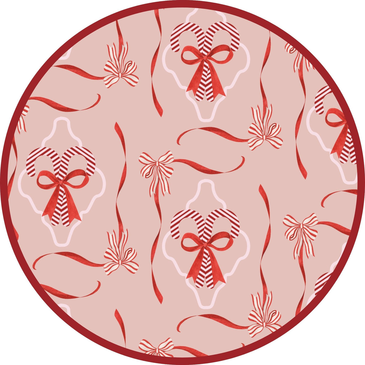 Close-up of Candy Cane Coquette print featuring red bows and festive illustrations on a soft pink background.