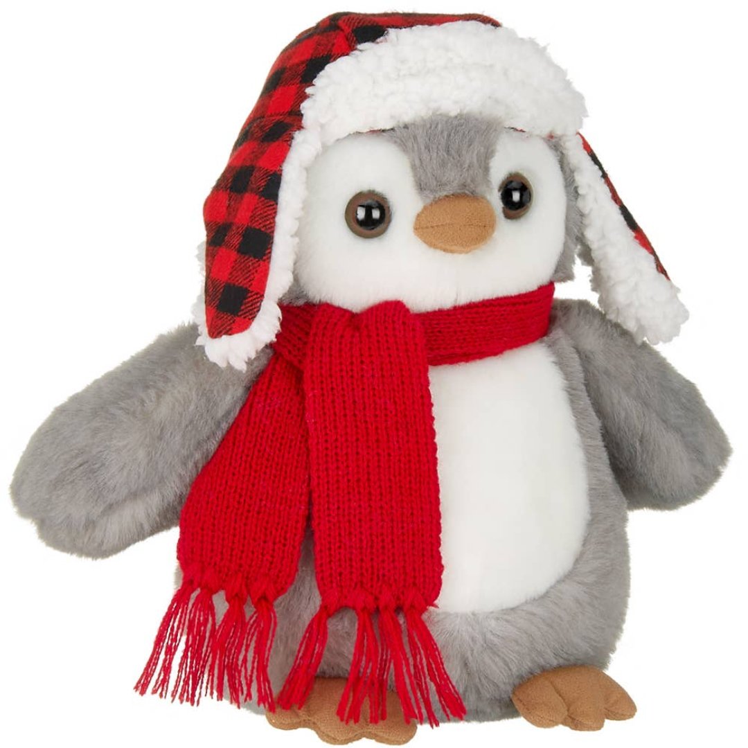 penguin plush with winter hat and red scarf