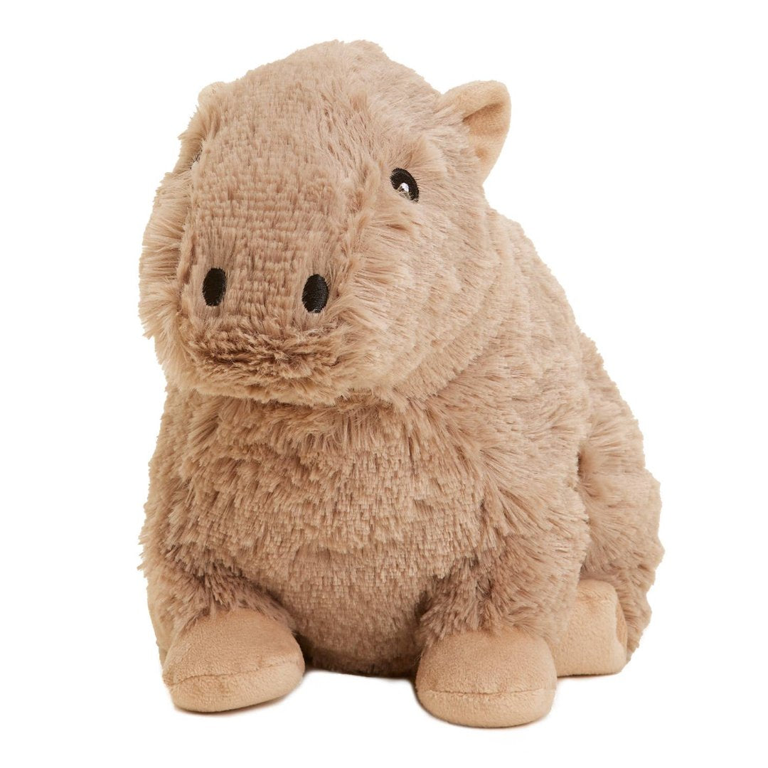 light brown stuffed capybara toy that can go in the microwave to warm and soothe