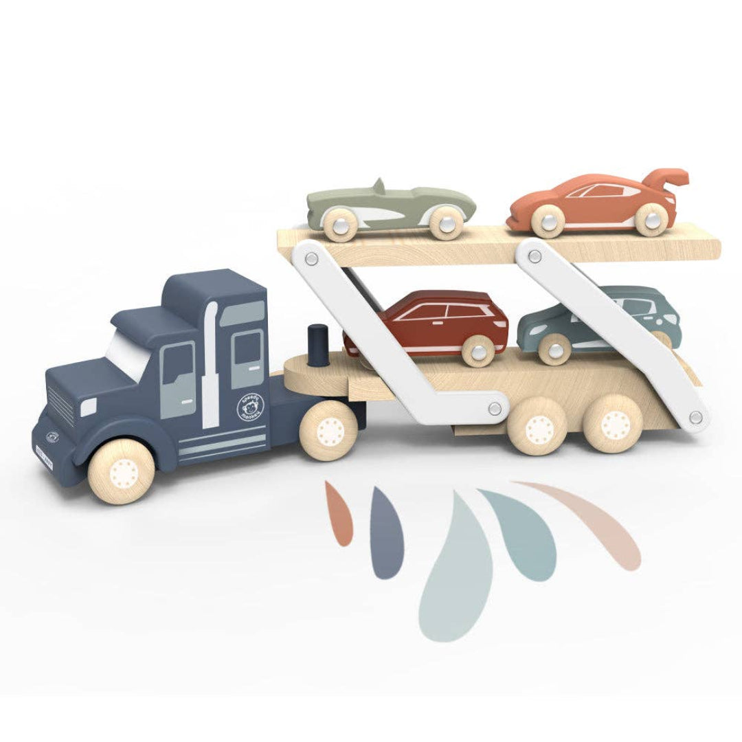 wooden kids toy car transporter with 4 cars in tow, including a green car, red, car, blue car, and orange car.