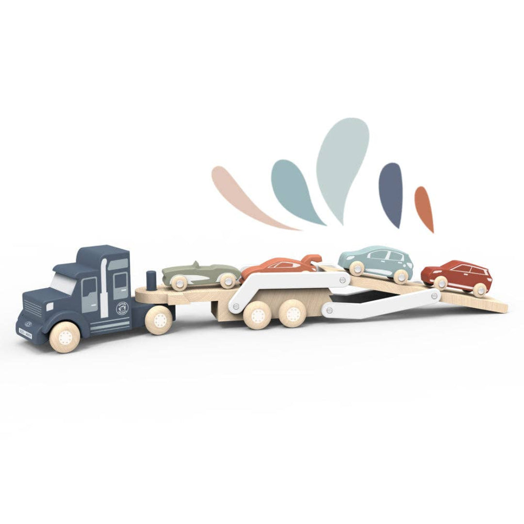 wooden kids toy car transporter with 4 cars in tow, including a green car, red, car, blue car, and orange car.