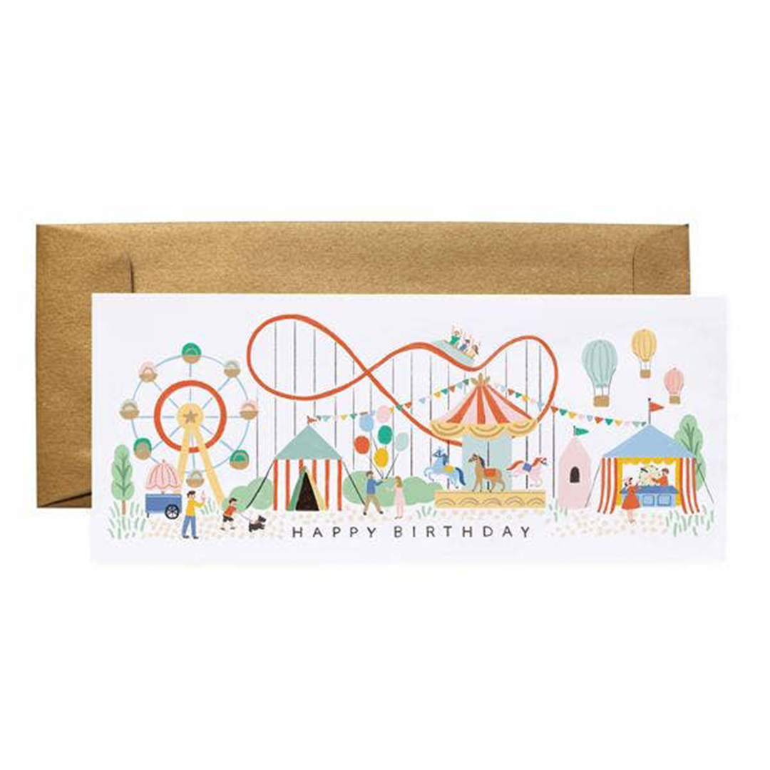 carnival themed birthday card with all the carnival rides from a roller coaster to a merry-go-round