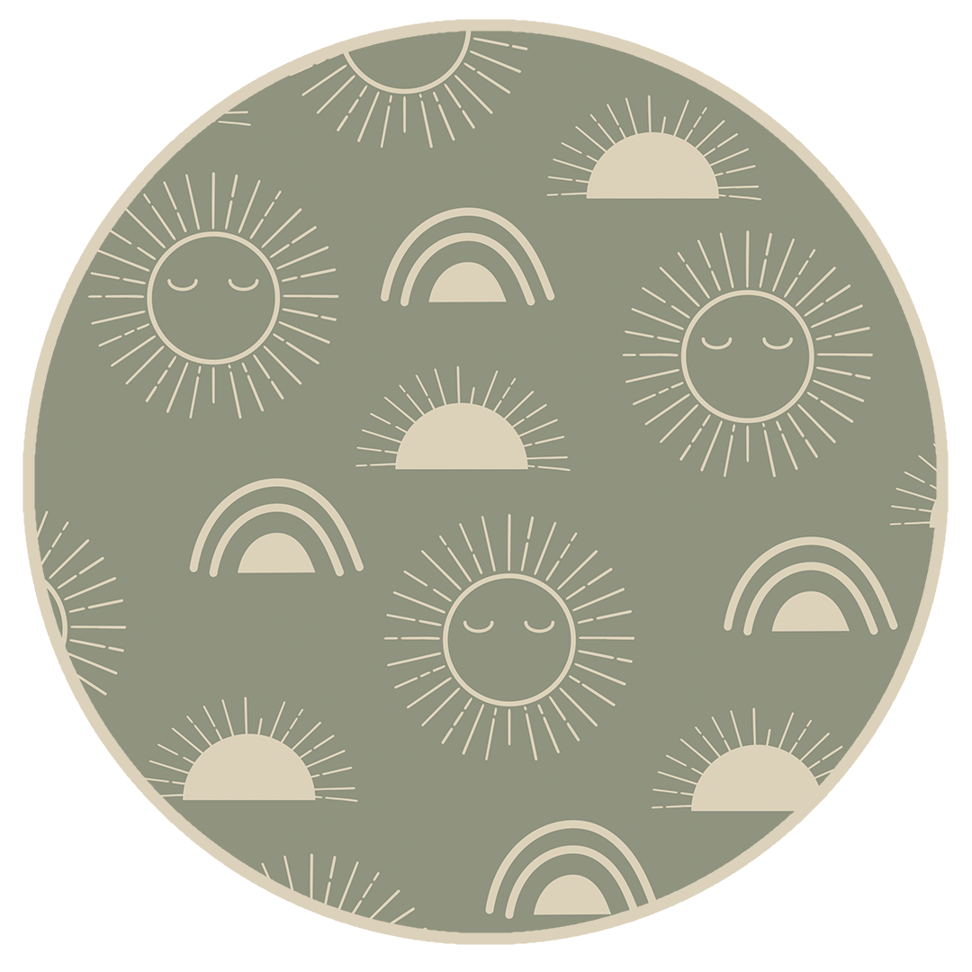 the "celestial sun" print are boho styled suns and rainbows all in a beige color. the background is an olive green. 