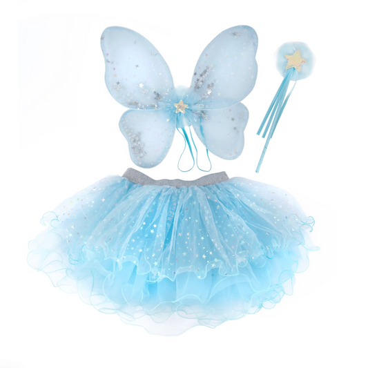 blue fairy wings, tutu, and wand