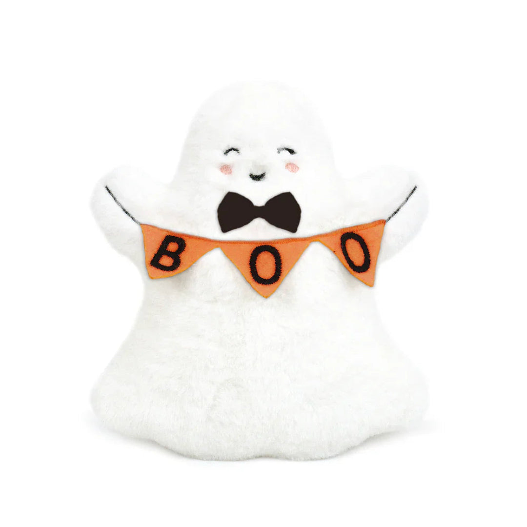 white ghost stuffed plush holding a boo banner