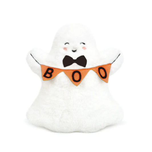 white ghost stuffed plush holding a boo banner
