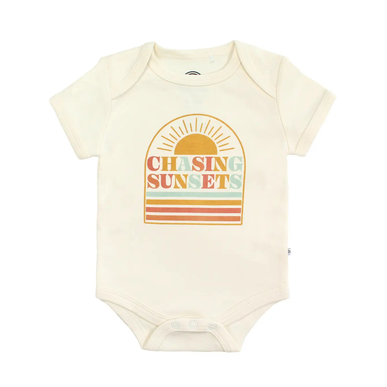 Baby onesie with 'Chasing Sunsets' design on a white background