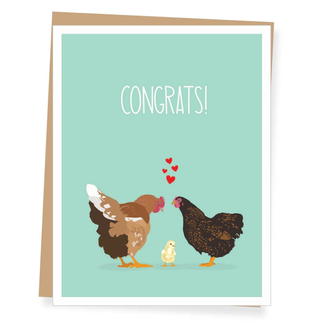 a dad and mom chicken with their new baby chick on the front of a card that says congrats