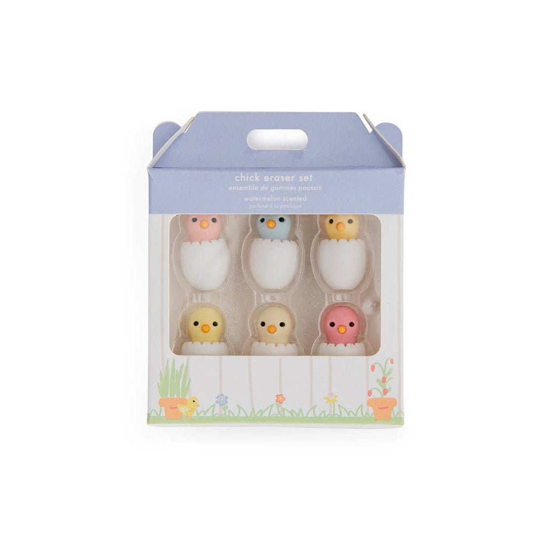 set of 6 chick shaped erasers in multiple colors