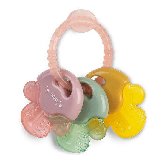 Colorful baby teething ring with multiple textures on a white background