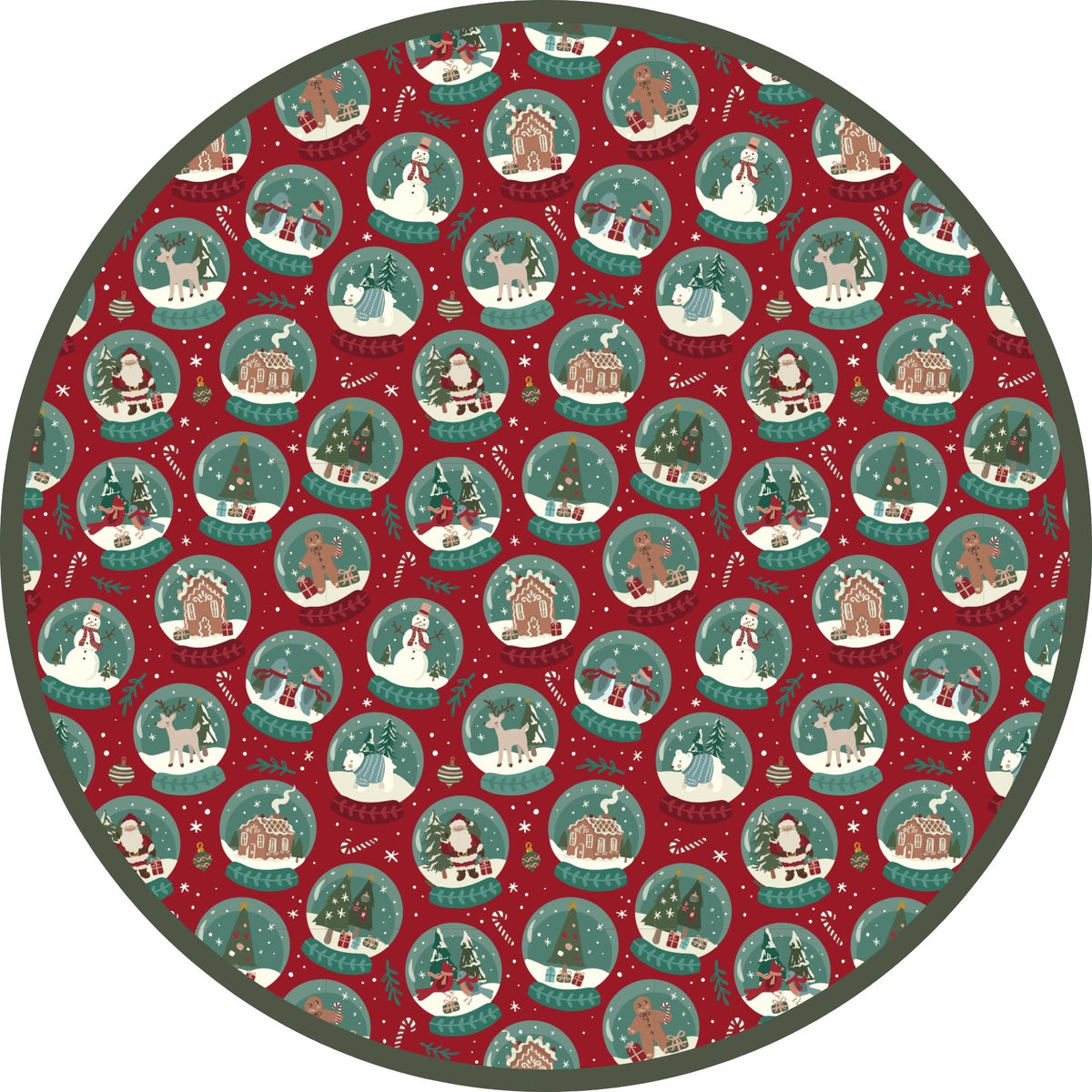 Close-up of festive Christmas pajama print featuring holiday illustrations on a green background.