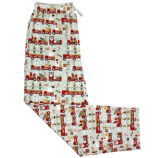 the "christmas train" relaxed pants. the "christmas train" pattern has various winter character that stand/ride on a red train. these characters include: santa, santa's elves, raindeers, yeti monsters, gingerbreads, reindeer, christmas trees, candy canes, presents, and snowflakes. 