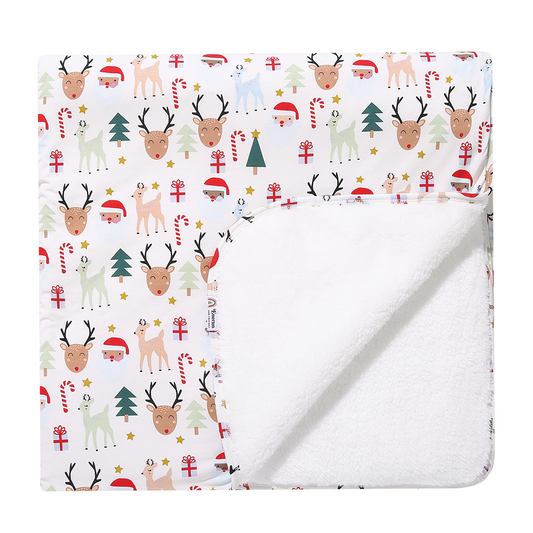 the "Santa and friends" fleece blanket. the "Santa and friends" print is a Christmas themed pattern mixed with Santa heads, candy canes, reindeer, Christmas trees, Rudolph heads, and gold stars. this is all on a white background. 