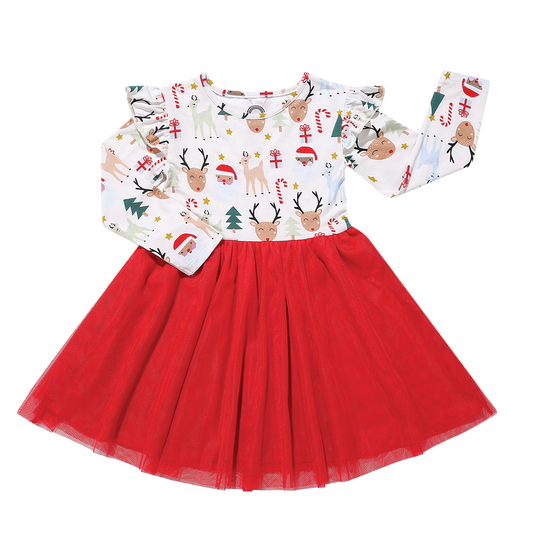 the "Santa and friends" tulle twirl dress. the "Santa and friends" print is a Christmas themed pattern mixed with Santa heads, candy canes, reindeer, Christmas trees, Rudolph heads, and gold stars. this is all on a white background. 