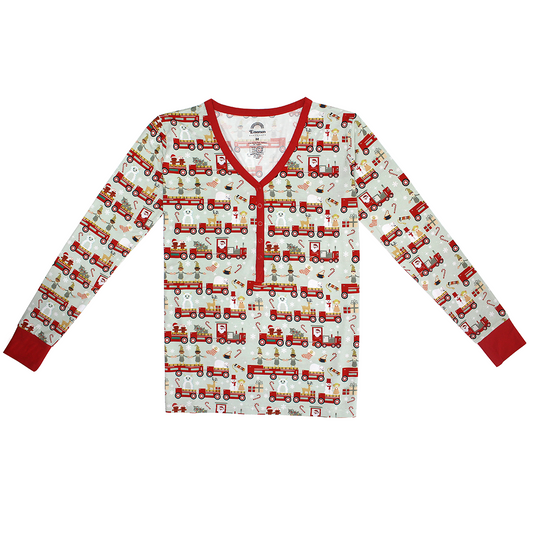 the "christmas train" women's top. the "christmas train" pattern has various winter character that stand/ride on a red train. these characters include: santa, santa's elves, raindeers, yeti monsters, gingerbreads, reindeer, christmas trees, candy canes, presents, and snowflakes. 
