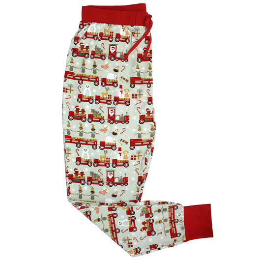 the "christmas train" women's jogger pants. the "christmas train" pattern has various winter character that stand/ride on a red train. these characters include: santa, santa's elves, raindeers, yeti monsters, gingerbreads, reindeer, christmas trees, candy canes, presents, and snowflakes. 