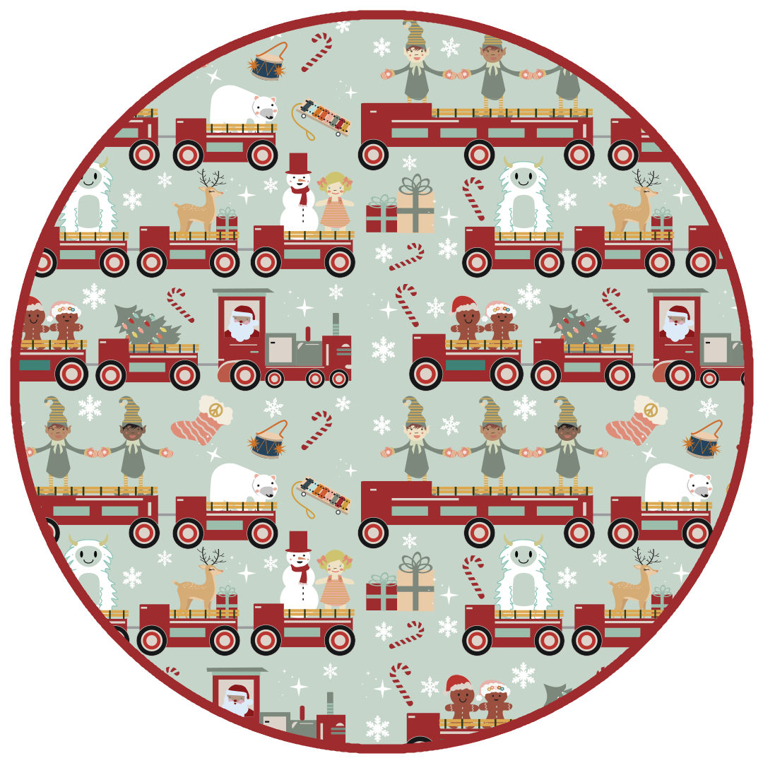 the "christmas train" pattern has various winter character that stand/ride on a red train. these characters include: santa, santa's elves, raindeers, yeti monsters, gingerbreads, reindeer, christmas trees, candy canes, presents, and snowflakes. 