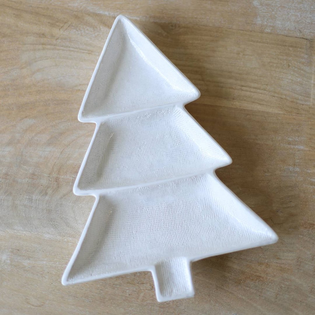 white christmas tree dish with 3 separate sections