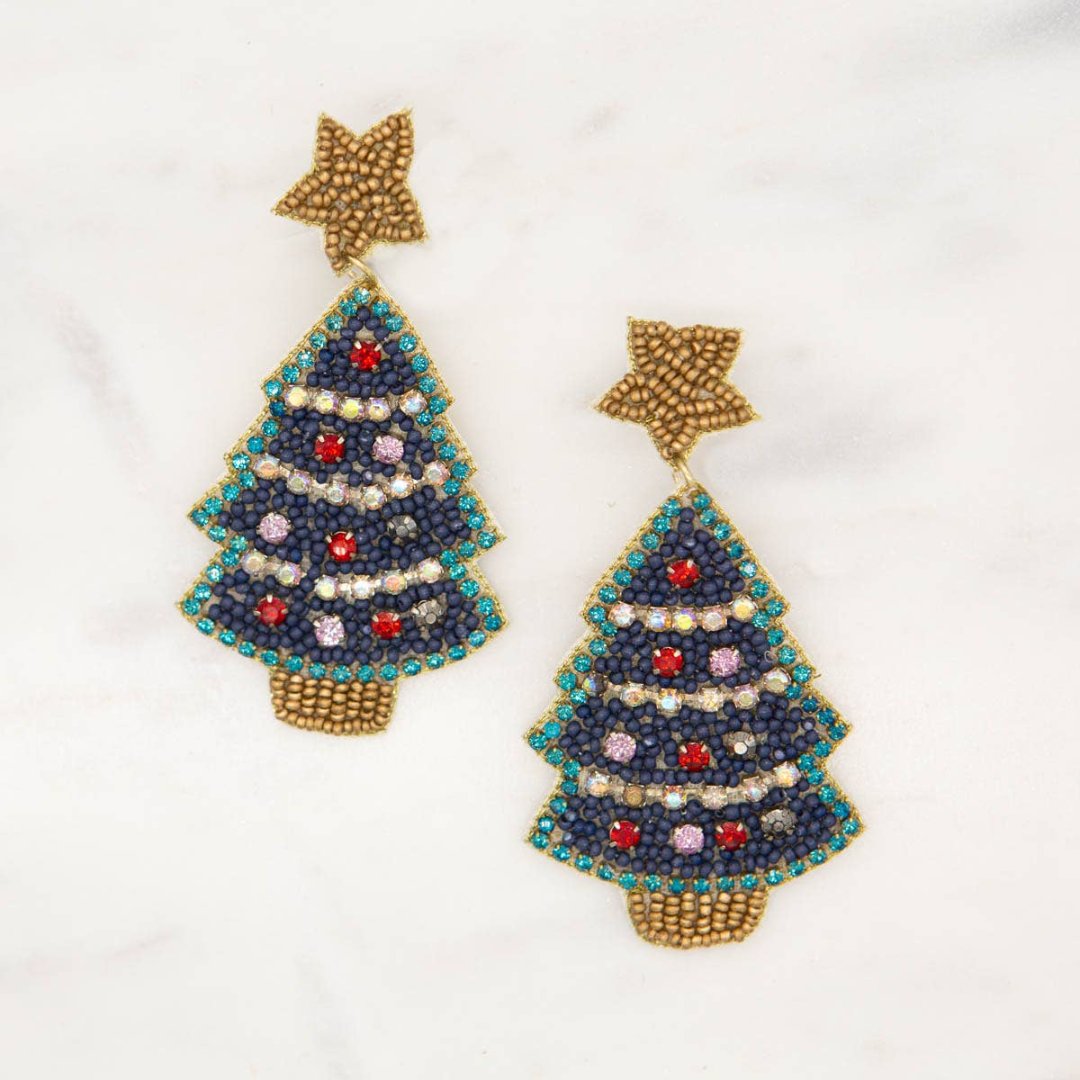 beaded earring shaped like christmas trees with big gold stars on top