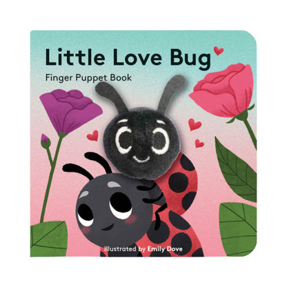 Finger puppet book titled 'Little Love Bug' with two ladybug puppets on a floral background.