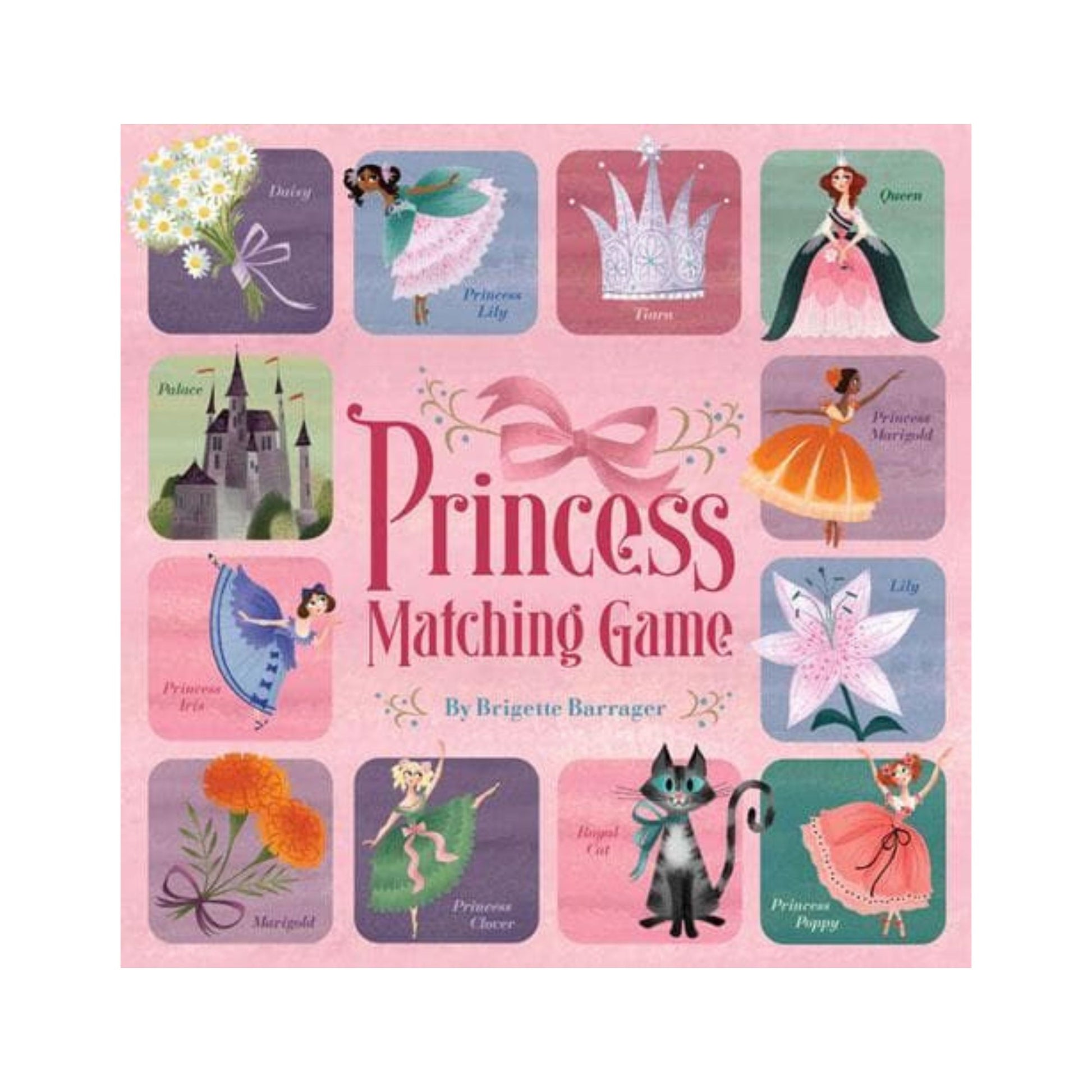 Princess Matching Game book cover with illustrations of princesses and related items on a pink background.
