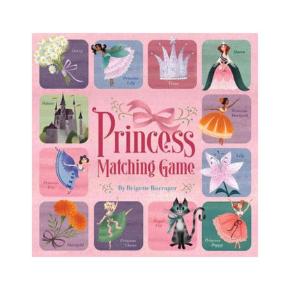 Princess Matching Game book cover with illustrations of princesses and related items on a pink background.