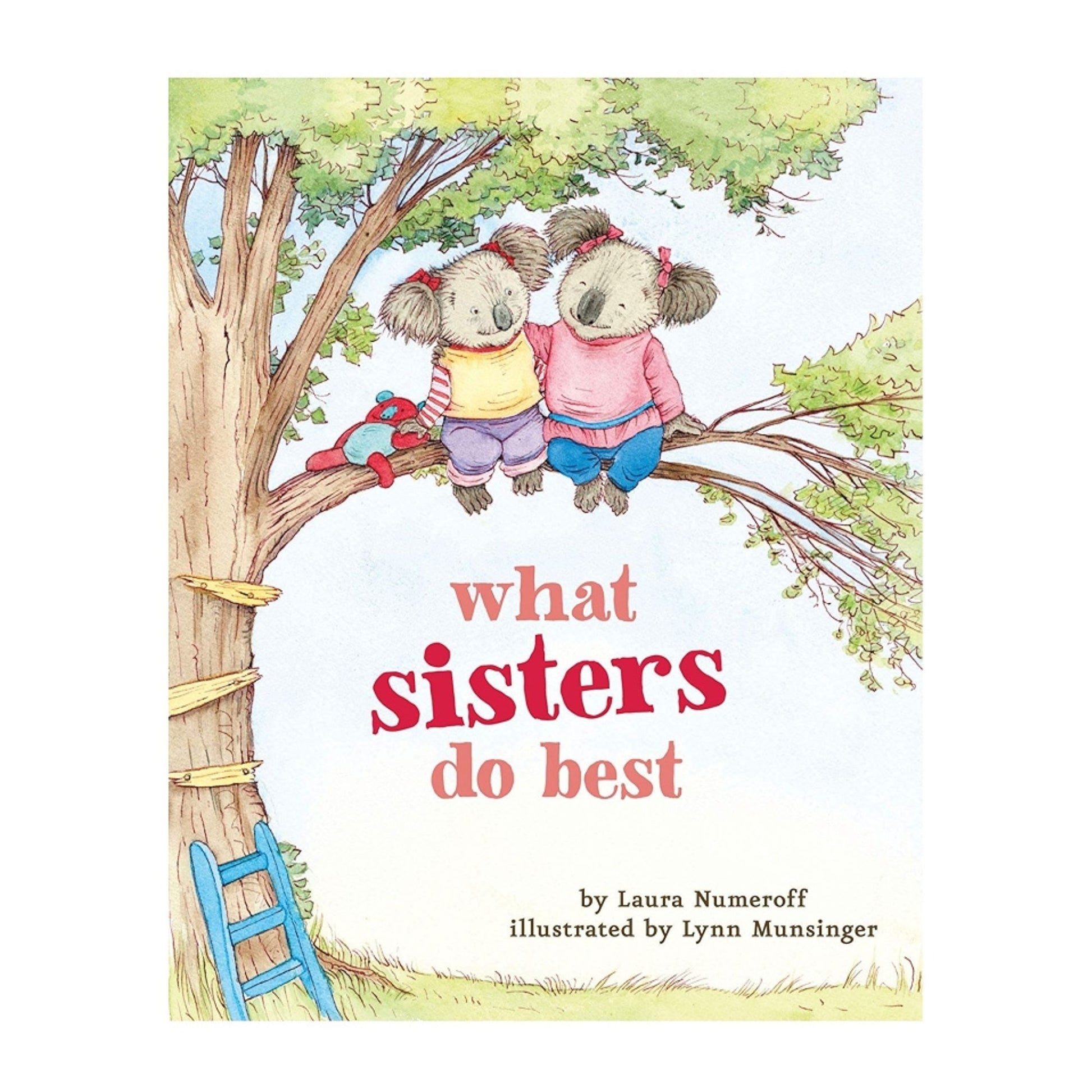 Book cover of 'What Sisters Do Best' with two teddy bears on a tree branch.