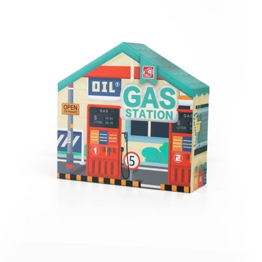 front of toy gas station for toy cars