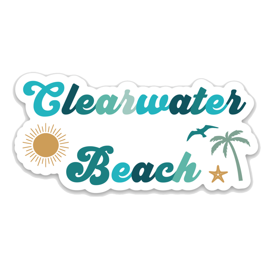 the word "clearwater beach" in multi-colored blues.  there is a sun, starfish, palm tree, and a seagull surrounding the letters