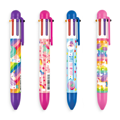 A collection of four colorful pens featuring whimsical unicorn designs and vibrant patterns, perfect for fun and creative writing.